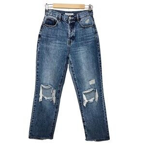 Pacsun Cotton Distressed Ripped Buttoned High Rise Straight Blue Wash Jeans 26